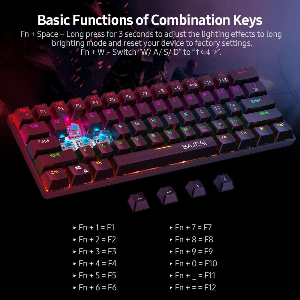 Bàn phím cơ học có dây nhỏ gọn BAJEAL với 61 phím Double Shot Keycaps 6 / N-key Rollover LED Hiệu ứng đèn nền màu xanh lam