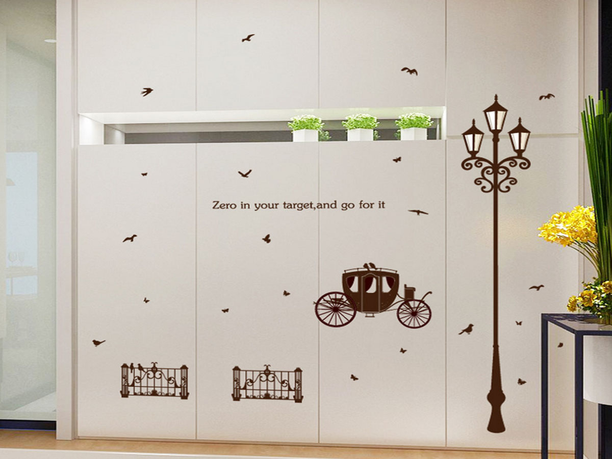 Decal dán tường cột đèn và xe kéo đen