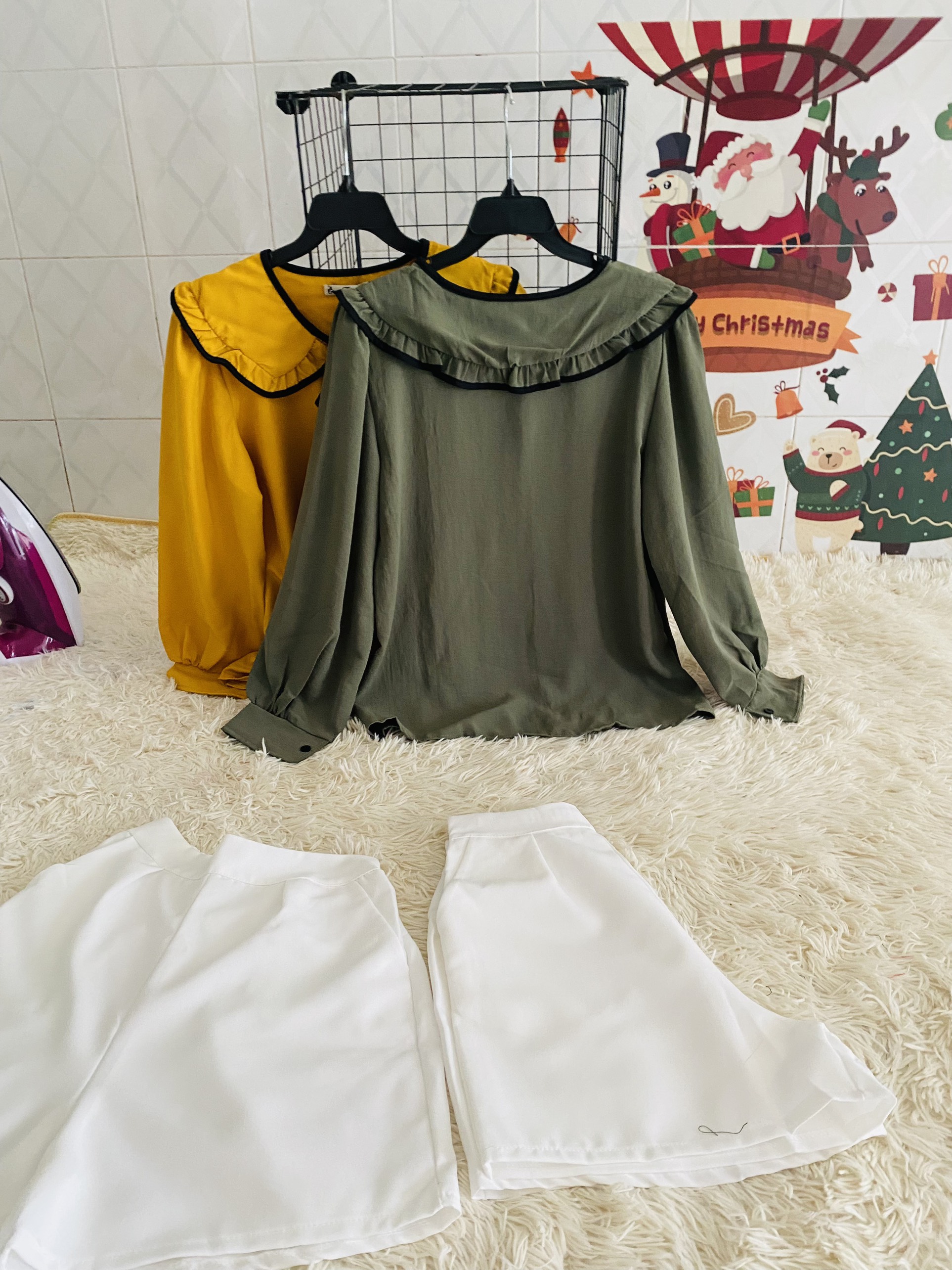 Set Đồ Nữ Áo Sơ Mi Cổ Bèo Tay Bồng Phối Quần Đùi Xinh Xắn