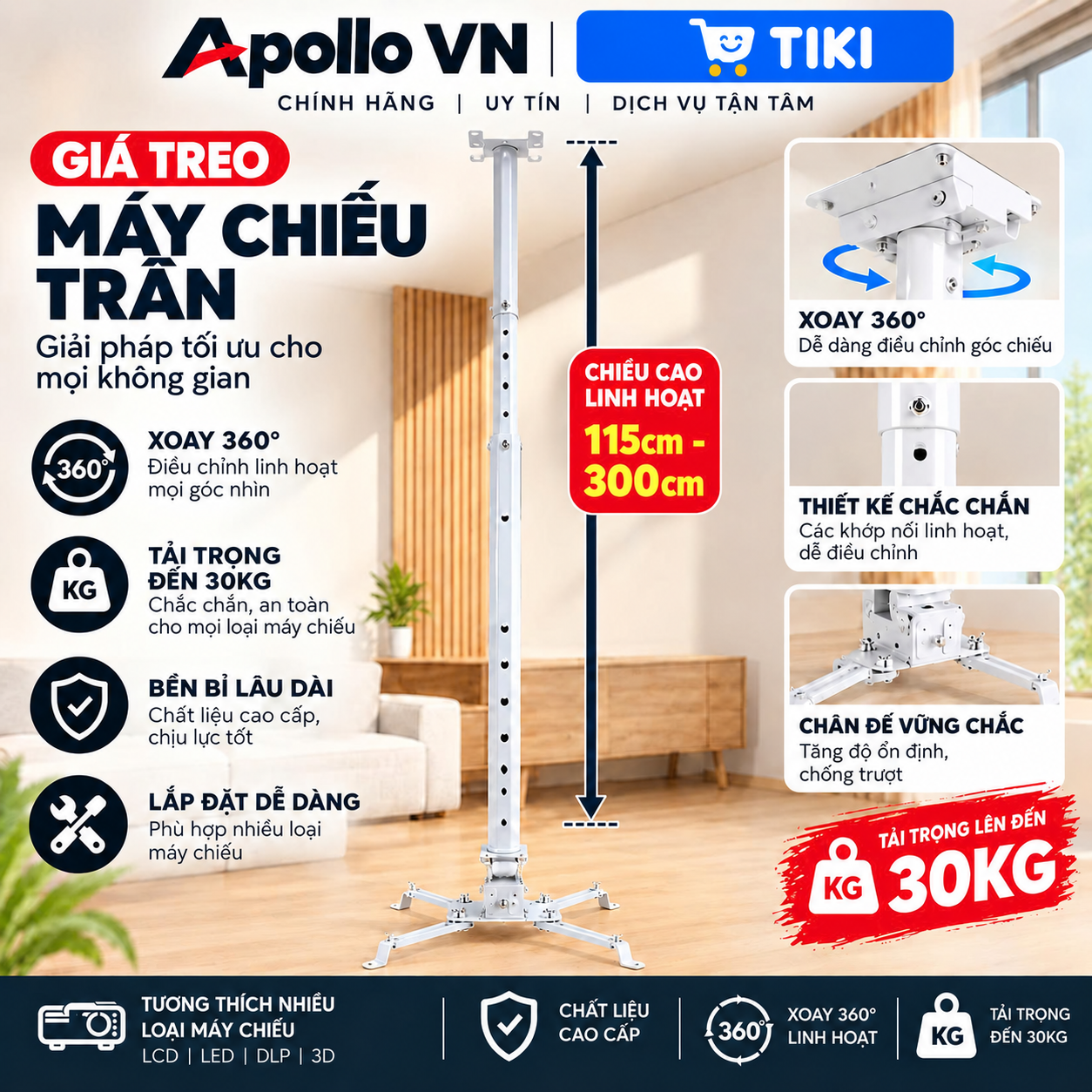 Giá Treo Máy Chiếu Xoay 360° Sắt Tròn Chắc Chắn chịu lực đến 30kg có thể điều chỉnh độ dài đến 300CM - Hàng nhập khẩu