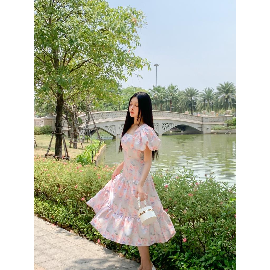 Đầm nữ MARC FASHION tay phồng cổ vuông họa tiết hoa 3 tầng