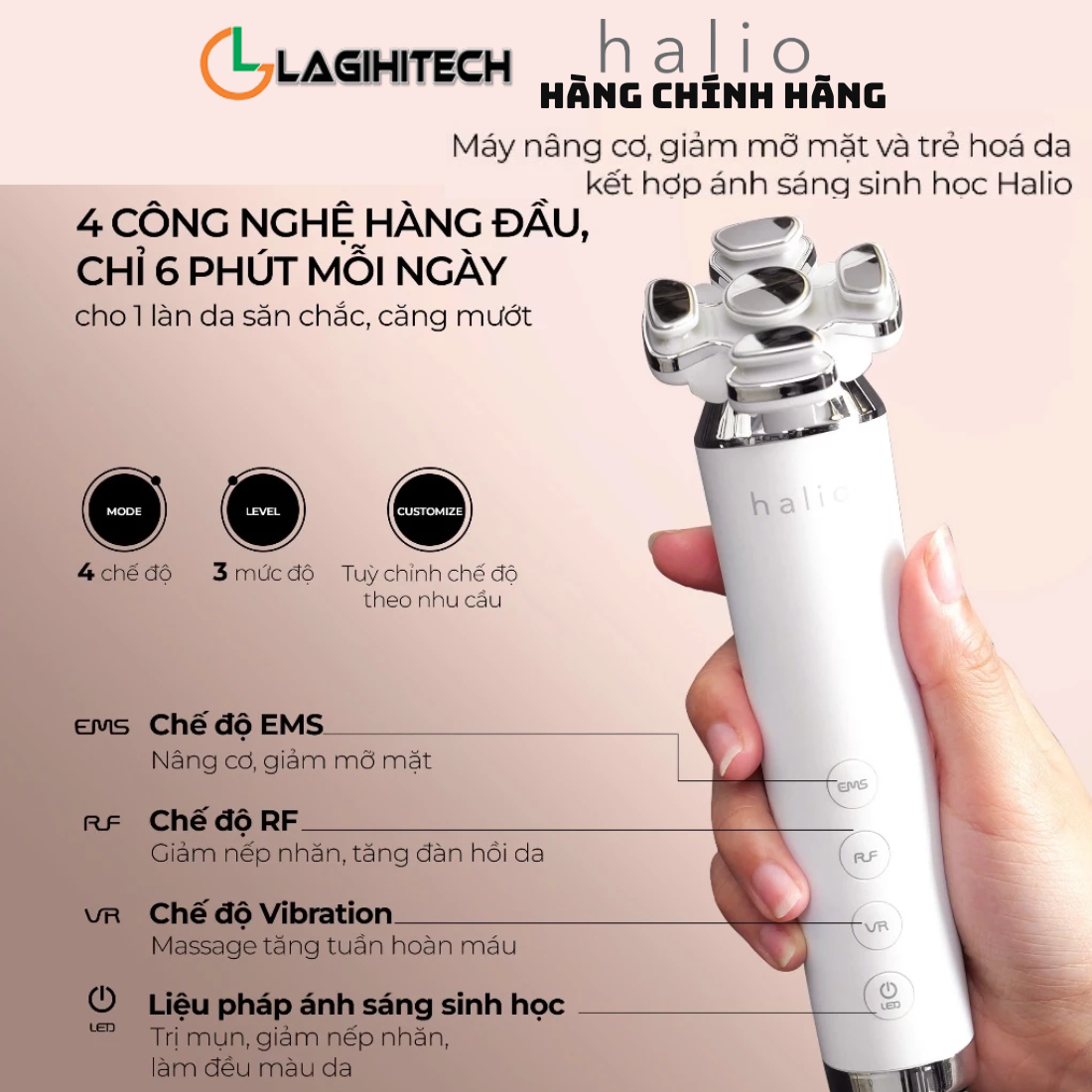 Máy Nâng Cơ Mặt &amp; Trẻ Hoá Da kết hợp Ánh Sáng Sinh Học Halio RevitaWave Skin Rejuvenator - Hàng Chính Hãng