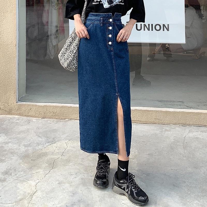 Chân Váy Jeans Aiori Denim Chữ A Lưng Cao Ôm Dáng Xinh Xắn Lưng Kiểu 4 Nút Theo Phong Cách Hàn Quốc_Mã 4210