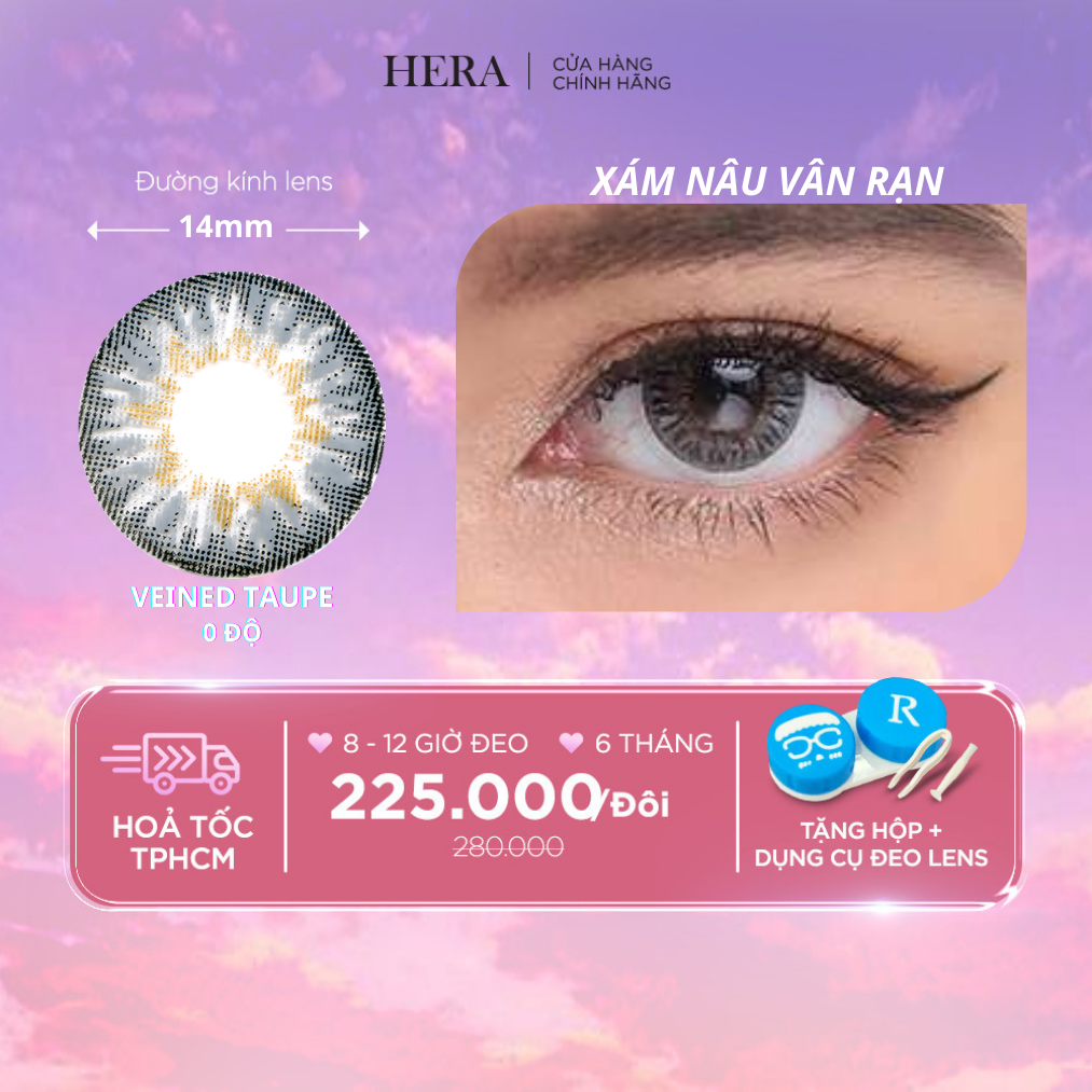 Kính Áp Tròng Hera Xám Nâu Vân Rạn Không Độ VEINED TAUPE Nhập Khẩu Hàn Quốc Lens Không Cận 6 Tháng