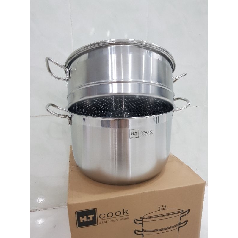 Bộ nồi và xửng hấp inox 430 bếp từ 1 đáy HT COOK 28cm nắp kính dùng được bếp từ - bảo hành 1 tháng luôn