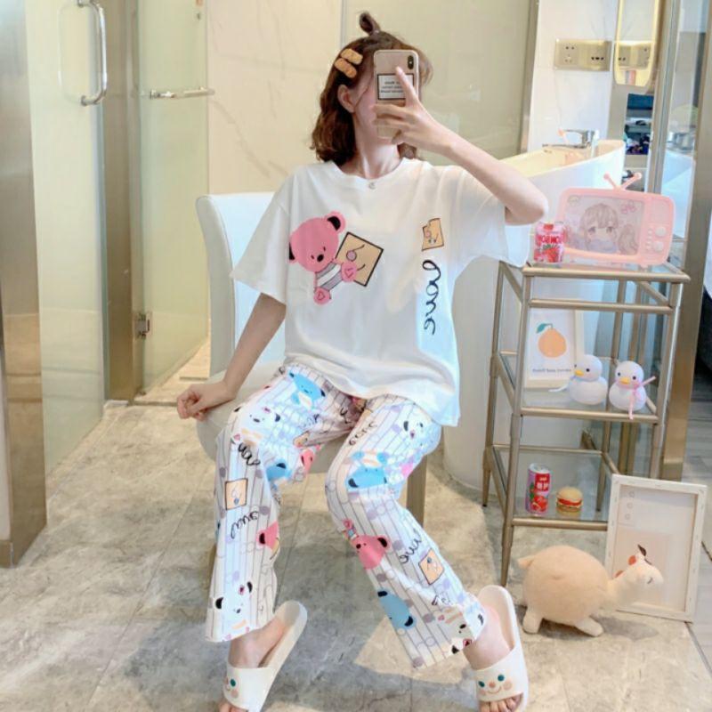 Đồ bộ thun quần dài, đồ mặc ở nhà Quảng Châu, họa tiết hoạt hình gấu dễ thương Đồ bộ nữ, đồ bộ đồ mặc nhà, quần áo nữ bộ lửng cotton hình