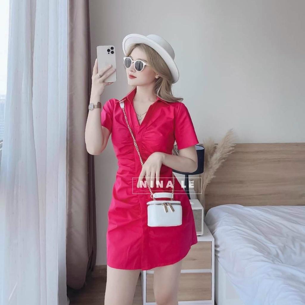 Đầm Body Cổ Sơ Mi Nhún Nút Dọc Xinh Xắn