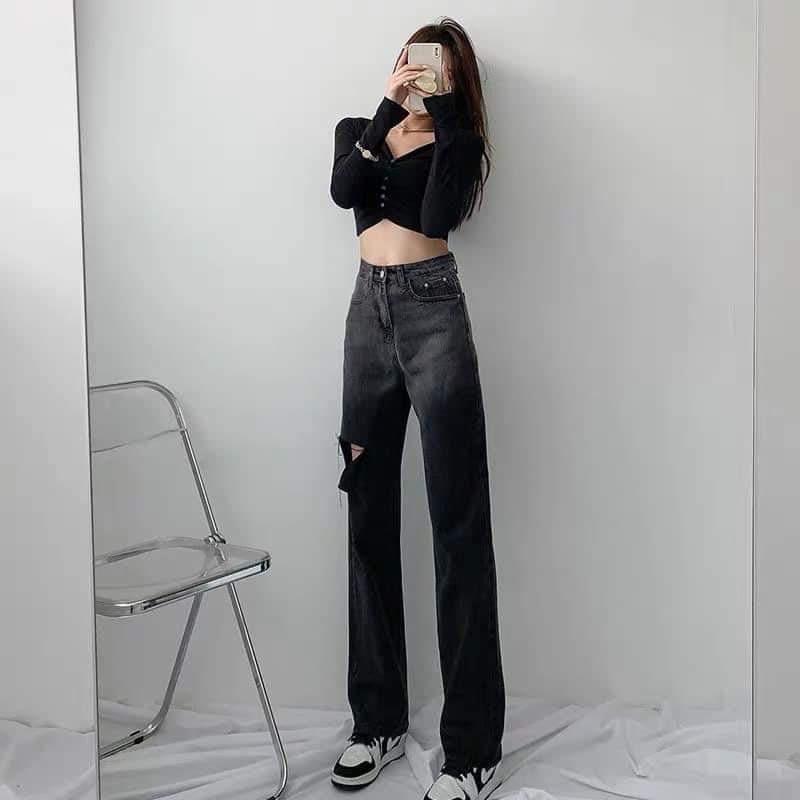 Quần jean Quần bò loang ống rộng BIG SIZE unisex màu đen khói dài ống đứng style Ulzzang dành cho nữ PHULA