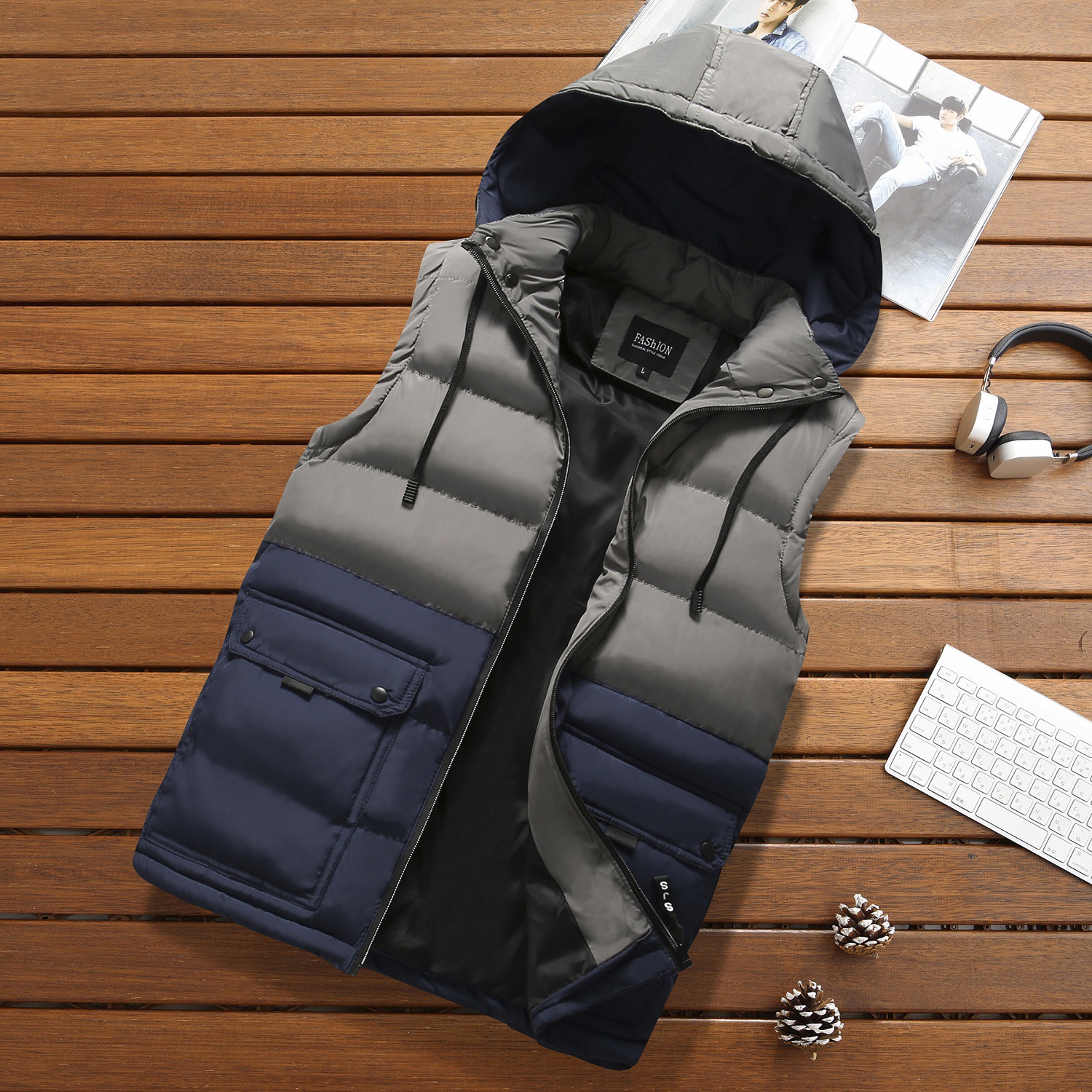 Men's hooded vest detachable casual cotton down jacket