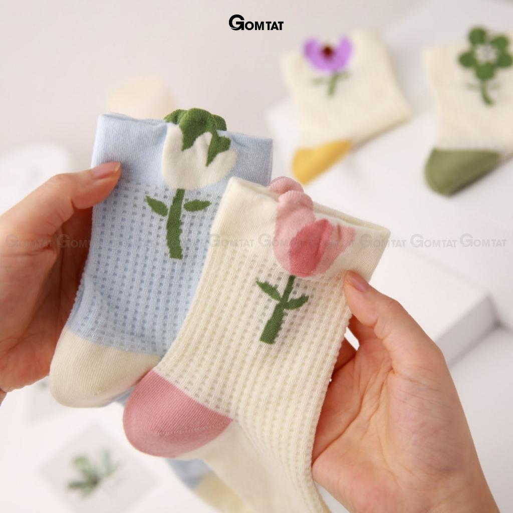 Tất nữ cổ trung họa tiết bông hoa dễ thương, vớ cổ lửng nữ chất liệu cotton cao cấp mềm mại - CAOHOA-ZHU-6002-1DOI