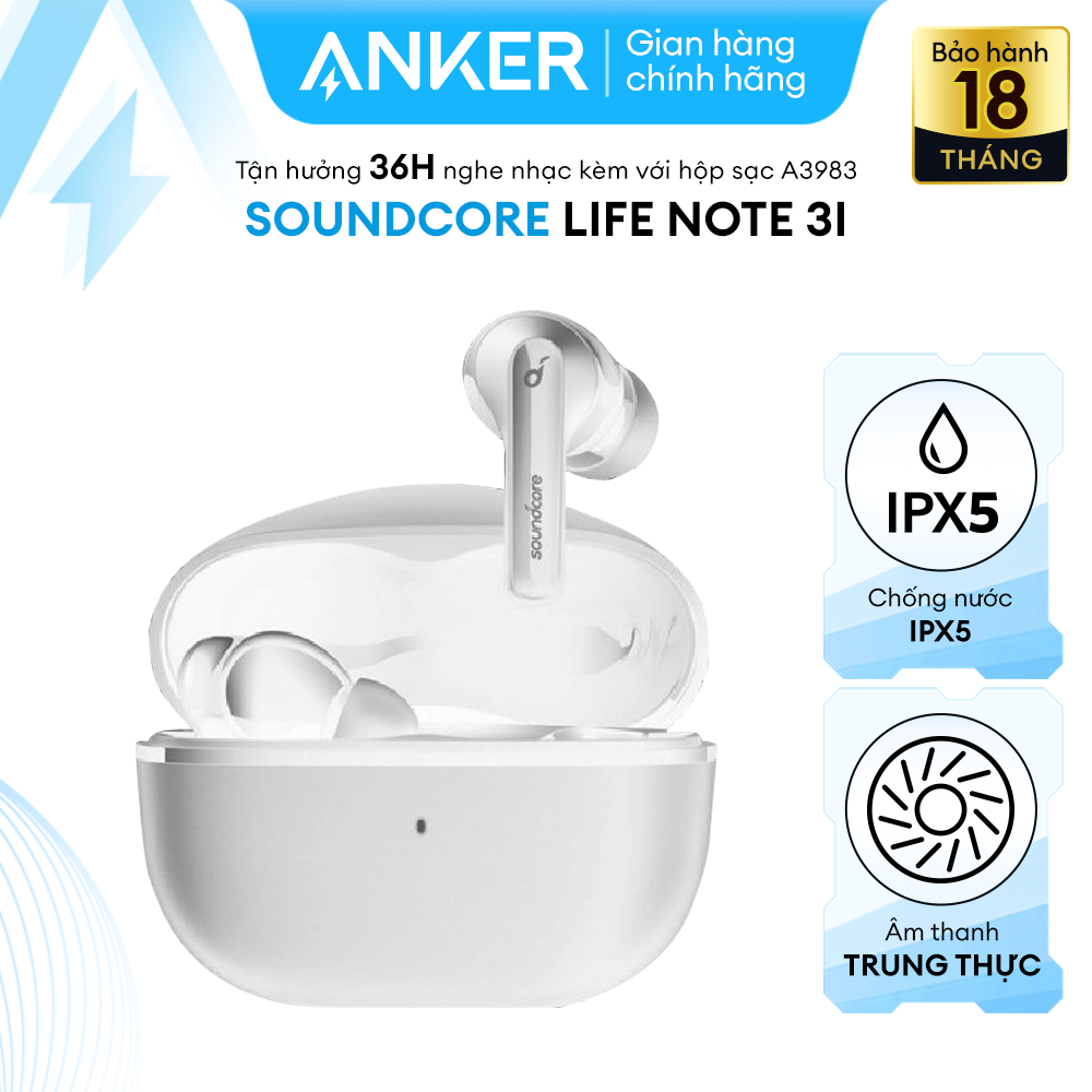 Tai nghe không dây SOUNDCORE (by ANKER) Life Note 3i True Wireless (TWS), 36 giờ sử dụng, kháng nước IPX5, tích hợp 4 micro, sạc nhanh 10 phút dùng 2 tiếng, bluetooth 5.2 mới nhất kết nối nhanh với điện thoại - A3983