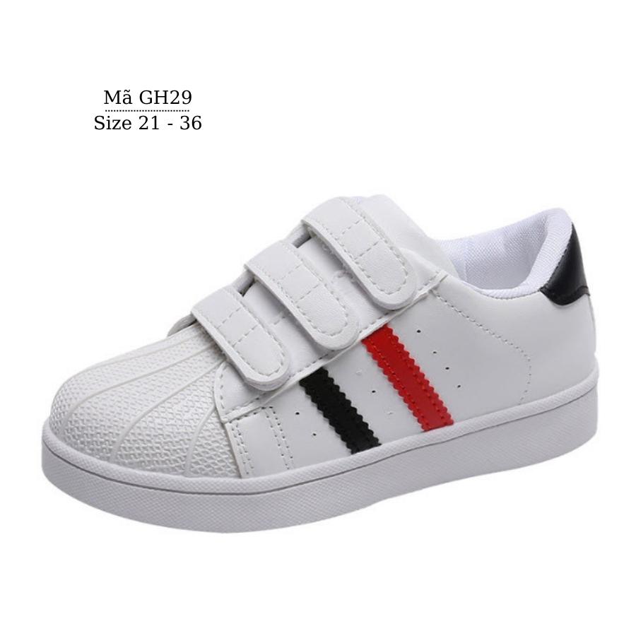 Giày cho bé trai bé gái, giày trẻ em dáng thể thao trắng 2 sọc đỏ đen 3 quai dán thời trang 1 - 10 tuổi đi học NHÍM SHOP GH29