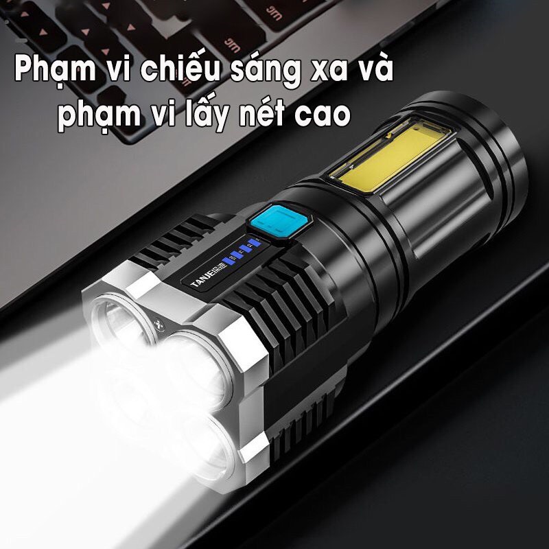 Đèn Pin Cầm Tay 4 Bóng Siêu Sáng Siêu Chiếu Xa, Nhiều Chế Độ, Có Đèn Led Hông - CH23