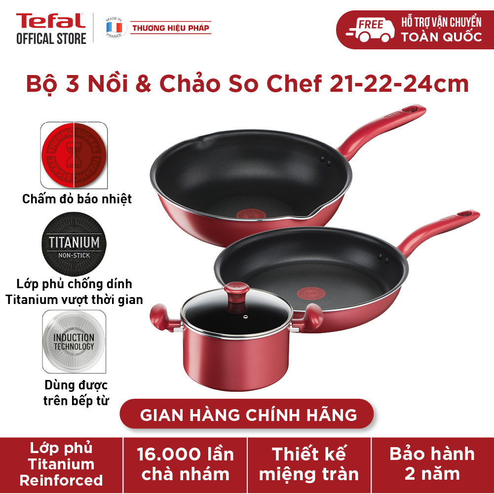 Bộ 3 nồi chảo chống dính đáy từ Tefal So Chef dùng cho mọi loại bếp (Nồi 22cm, chảo 21cm &amp; 24cm) Hàng chính hãng