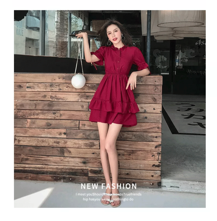 CHENGRUI Đầm voan nữ mùa hè 2023 váy mùa hè nữ sinh phiên bản Hàn Quốc lỏng lẻo nhỏ lưới váy nàng tiên đỏ