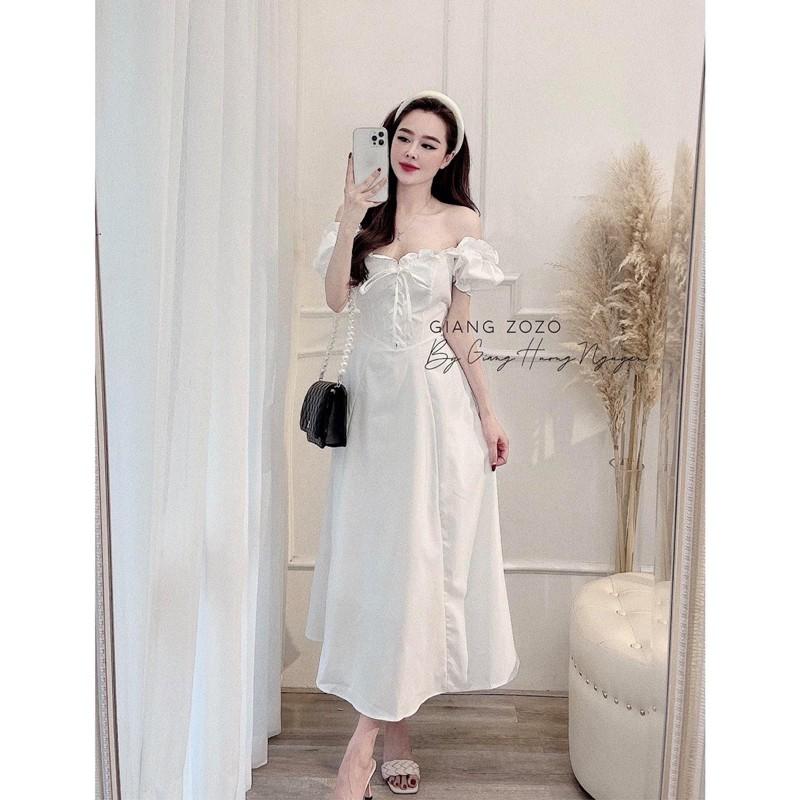 SIÊU PHẨM VÁY TRẮNG TRỄ VAI CỔ BÈO ĐAN DÂY NGỰC HAI LỚP SIÊU XINH XẮN TIỂU THƯ