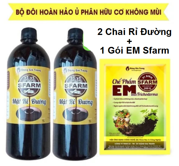 Combo 1 Túi Chế Phẩm EM Sfarm 200gr và 2 Chai Mật Rỉ Đường Sfarm 1lít - Cặp Đôi Ủ Rác Sinh Học Không Mùi