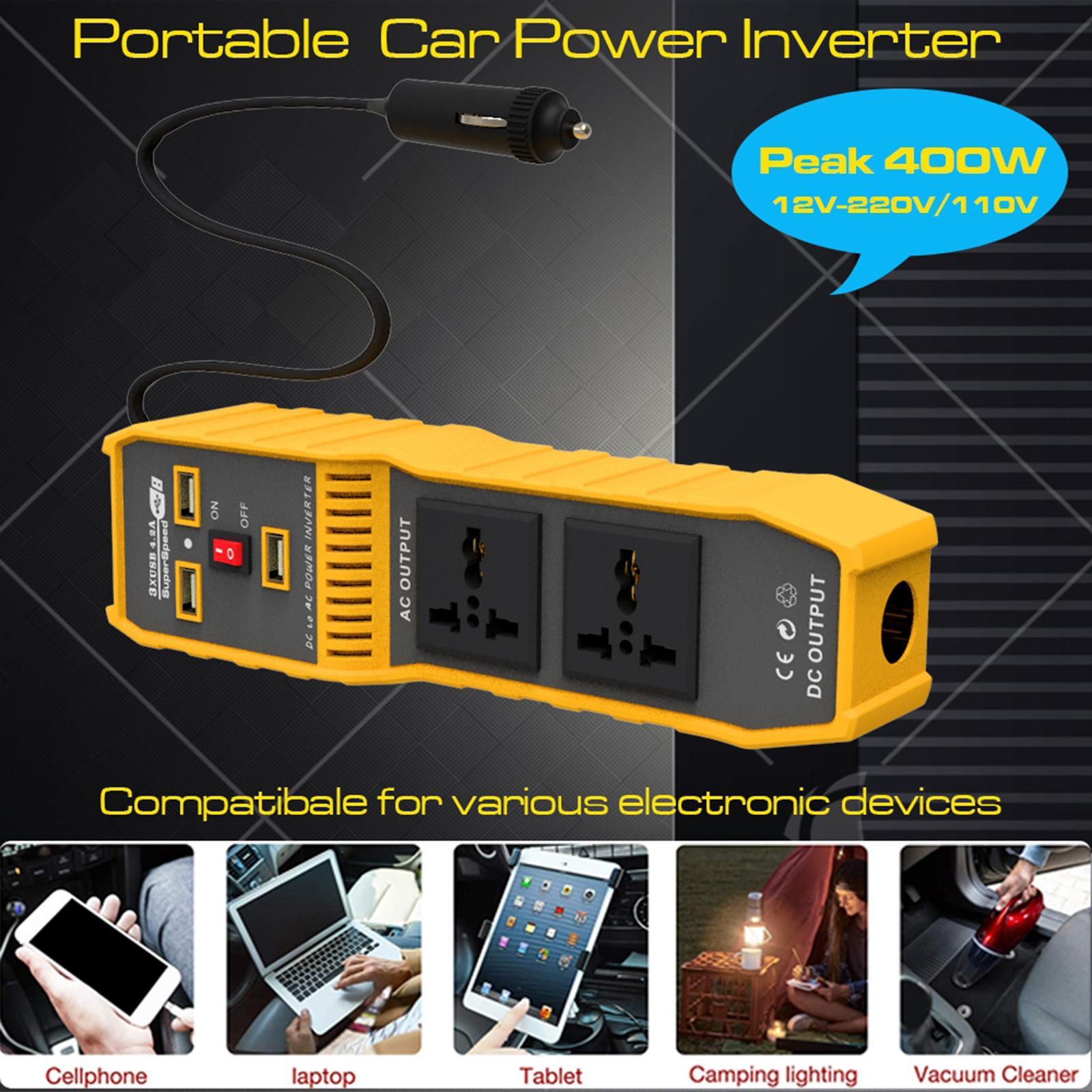 DC to AC Car Power Inverter Charger 3 USB Ports 2 AC Outlet Peak 400W 220V