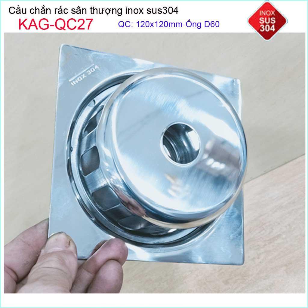 Cầu chắn rác đế vuông 12x12 D60 KAG-QC27, thoát nước sân thượng SUS304 ống 6cm thoát nhanh chắn rác tốt