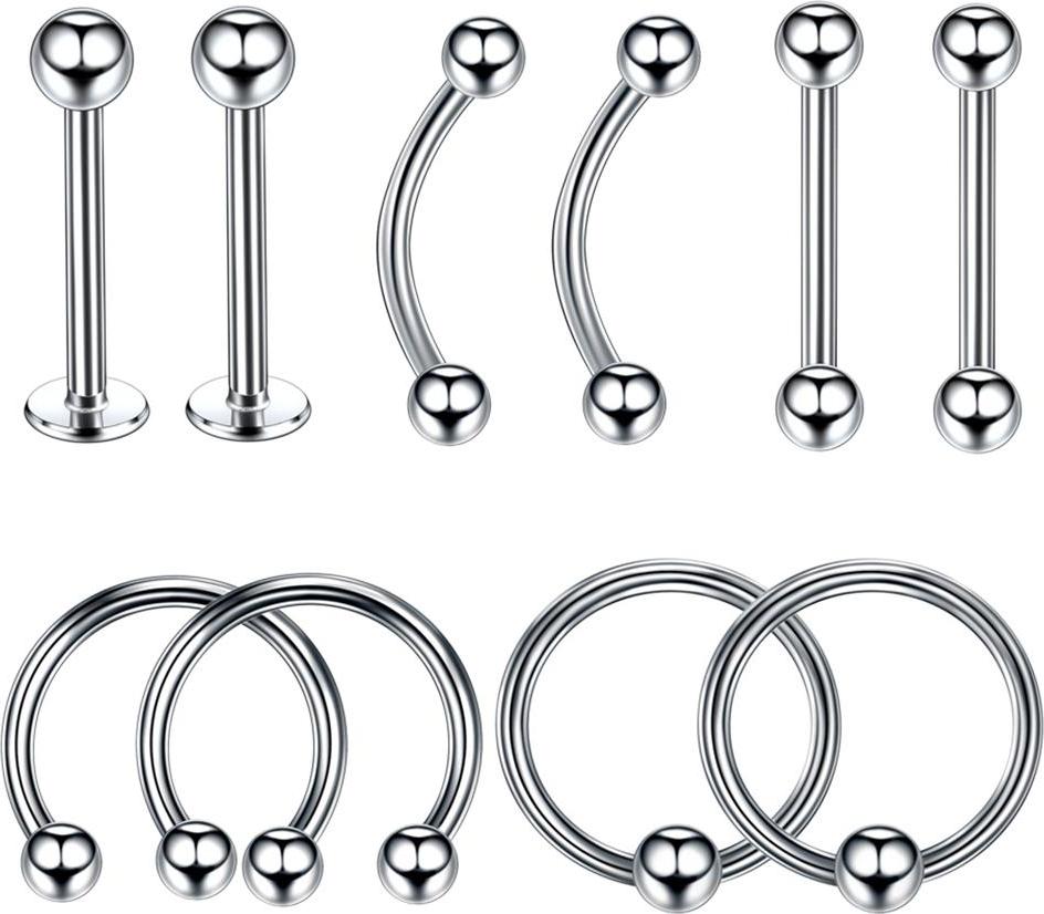 10 Pieces Stainless Steel Nose Lip Tongue Eyebrow Tragus Navel Belly Ring Piercings 16g