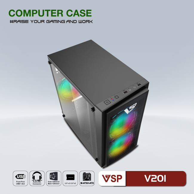 Case VSP V201 (Chuẩn mATX) - Nắp Hông Trong Suốt - NTH - Hàng Nhập Khẩu