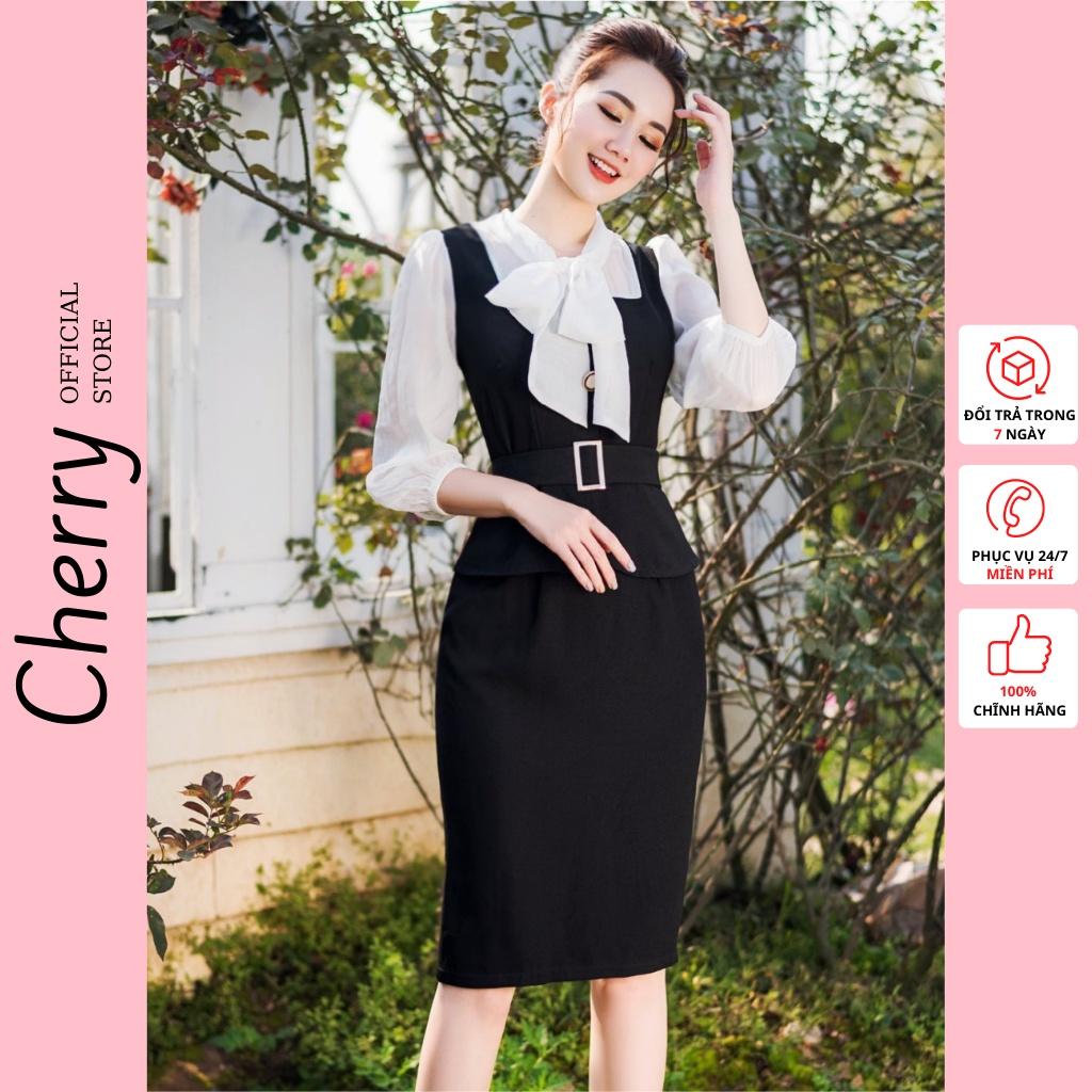 Váy công sở liền thân body thắt eo áo sơ mi cổ áo thắt nơ CHERRY A1382