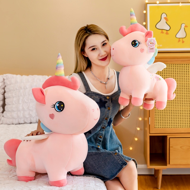 Gấu bông kì lân Unicorn thêu hoa màu hồng dễ thương cho bé kích thước 30-40-50-70cm