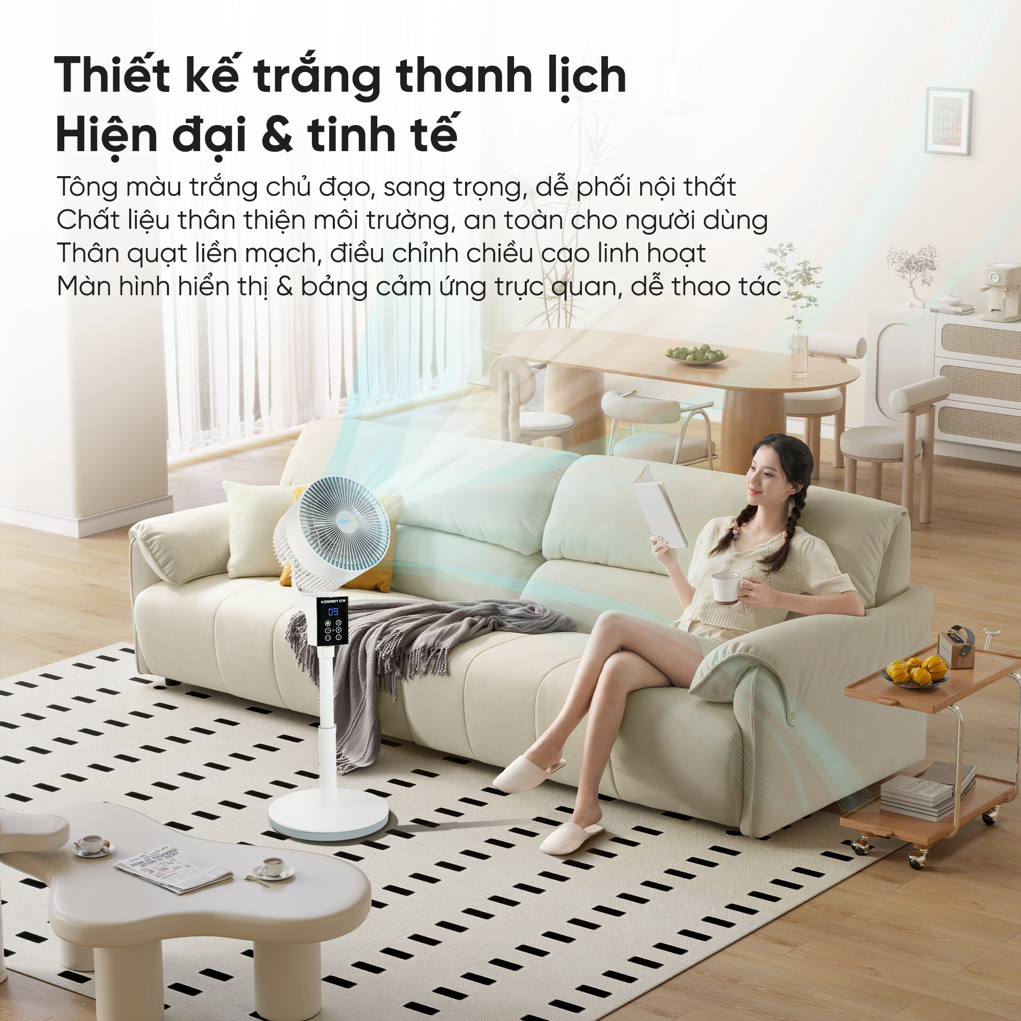 Quạt đối lưu không khí điều khiển bằng giọng nói Kosmen Eco ECO-F40AI-W, quạt thông minh, quạt điện (quạt đứng)