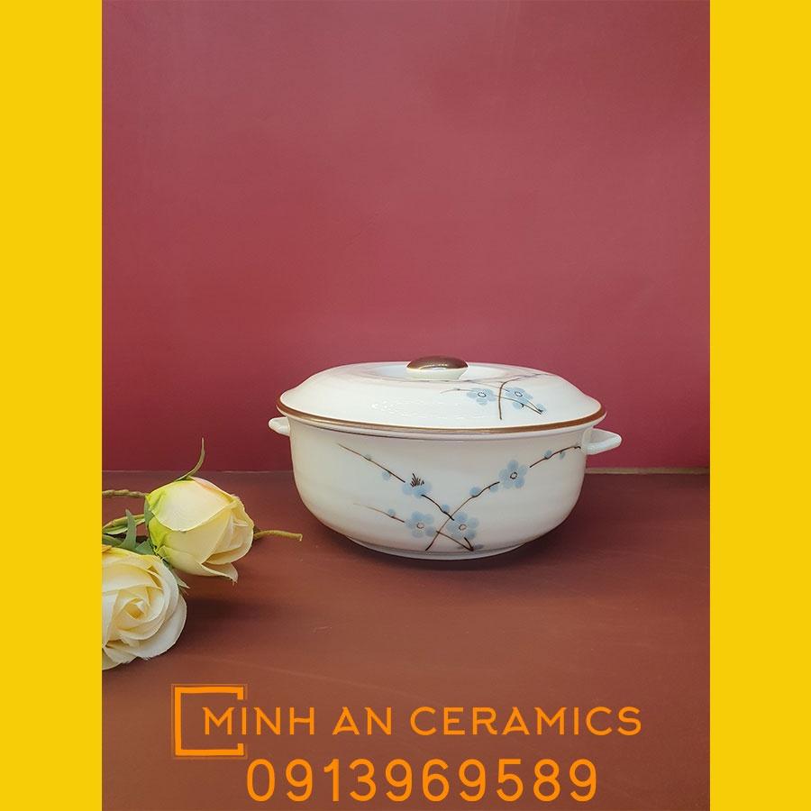 Âu đựng cơm có nắp men kem vẽ hoa văn thủ công gốm sứ Minh An Bát Tràng