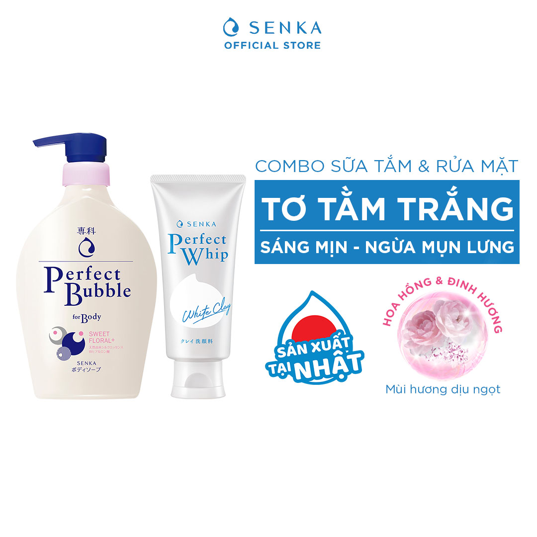 Combo Sữa tắm dưỡng ẩm Senka Perfect Whip hương hoa hồng, đinh hương 500ml và Sữa rửa mặt chiết xuất đất sét trắng Senka Perfect Whip Clay 120g