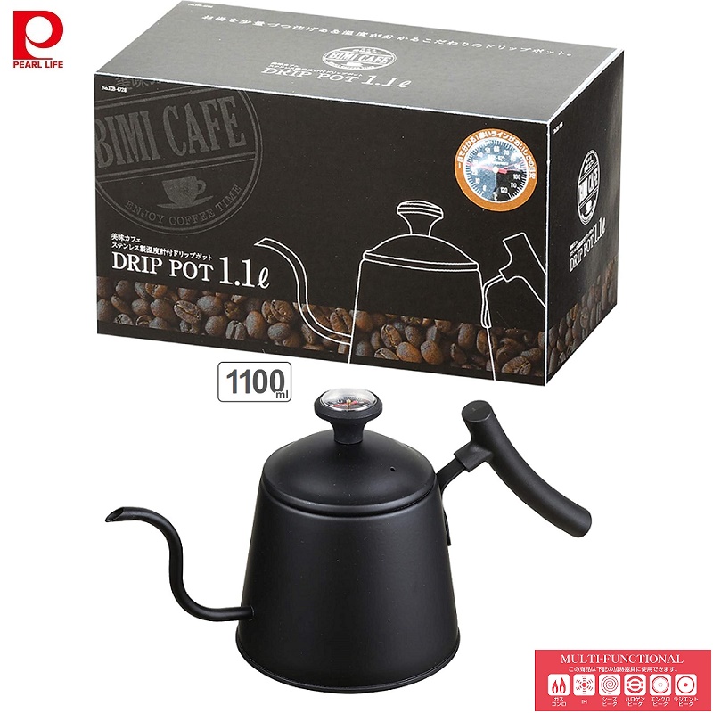 Ấm cổ ngỗng dùng cho bếp từ kèm nhiệt kế Pearl Metal Drip Pot 1.1L hàng nội địa Nhật Bản, nhập khẩu chính hãng