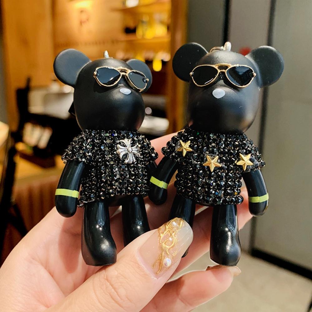 Móc khóa BearBrick đen áo đính đá thời trang cao cấp, treo chìa khóa balo, móc khóa xe sang chảnh độc lạ