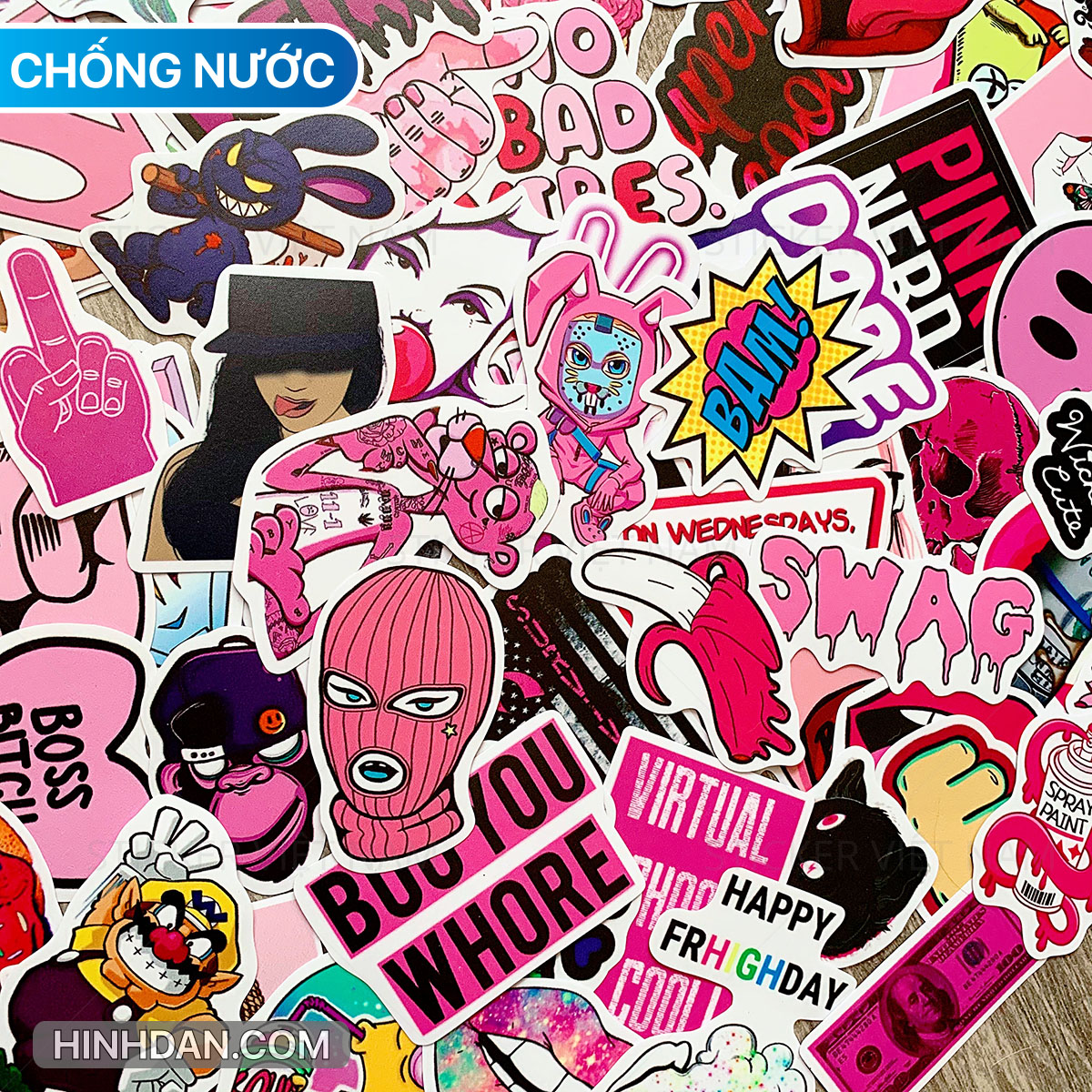 Sticker Màu Hồng Siêu Ngầu Swag Pink - Chất Liệu PVC Chất Lượng Cao Chống Nước - Kích Thước 4-8cm