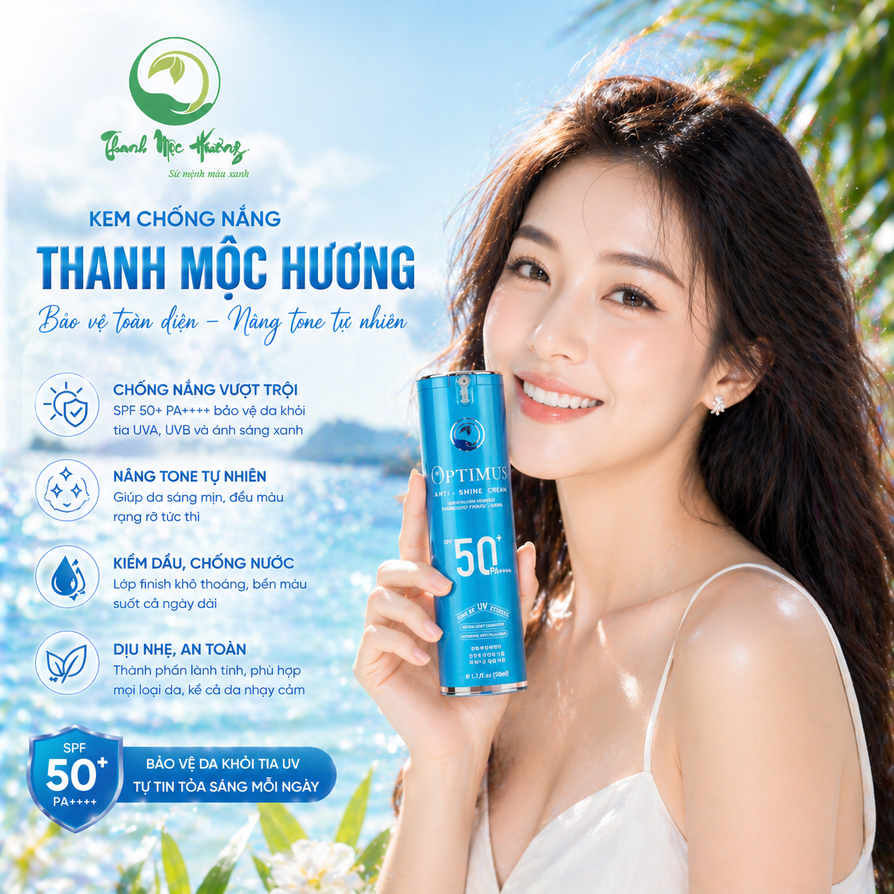 Kem Chống Nắng Thanh Mộc Hương Optimus Anti Shine Chống Trôi Nâng Tone Bảo Vệ Da SPF50+ PA++++ 50ml