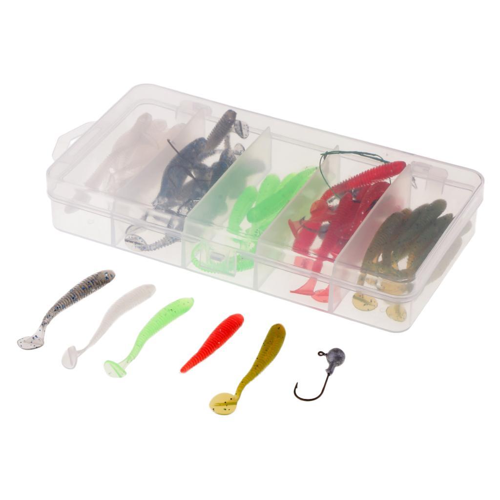 1 Box of 50pcs Bionics Soft Fishing Lures and 10pcs Lead Head Fishing Hooks