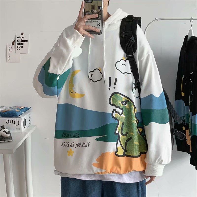 Áo hoodie tay dài dáng rộng in hình khủng long gồm 4 màu sắc