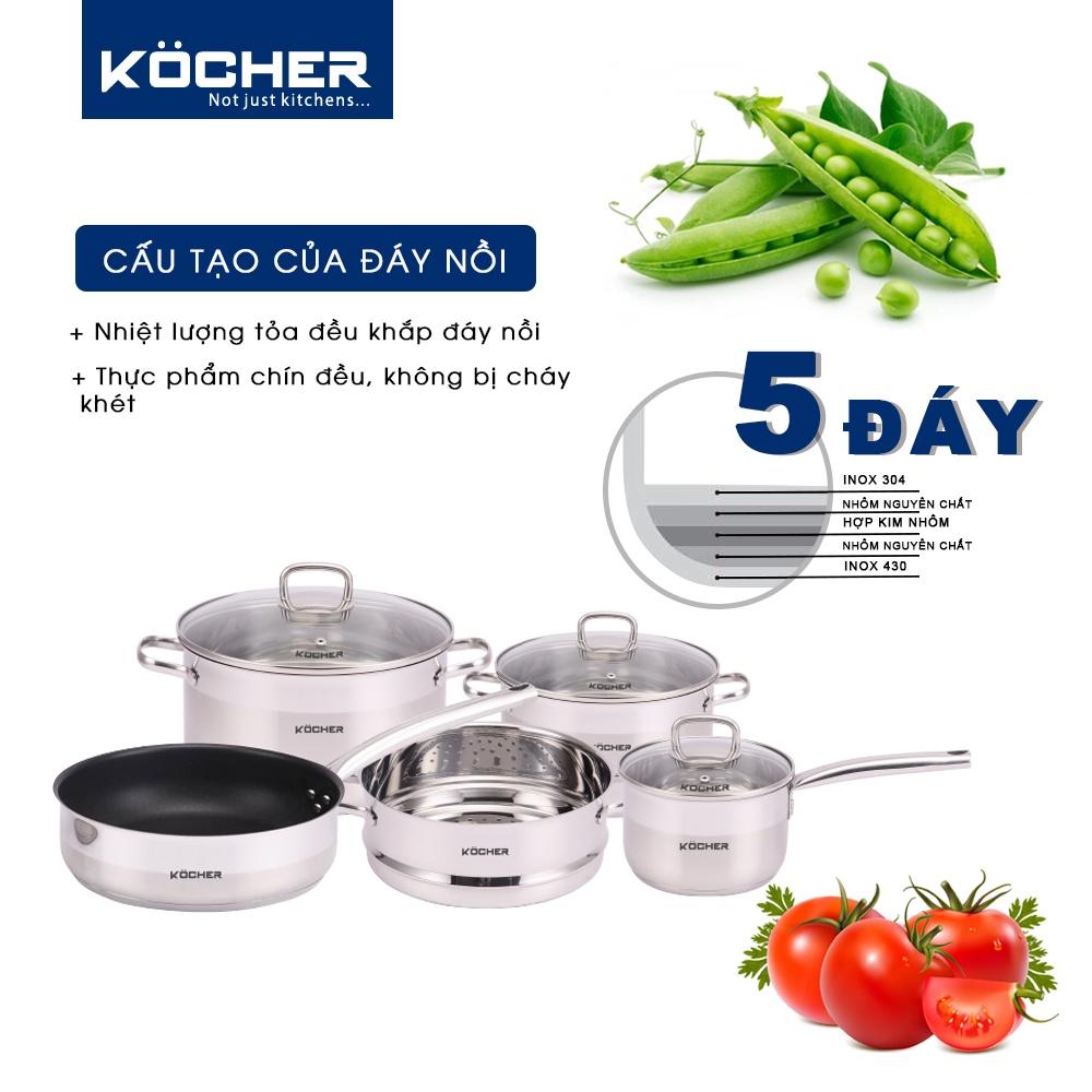 Combo bộ nồi chảo inox 304 5 đáy cao cấp KOCHER size 16cm, 20cm, 24cm dùng được cho mọi loại bếp