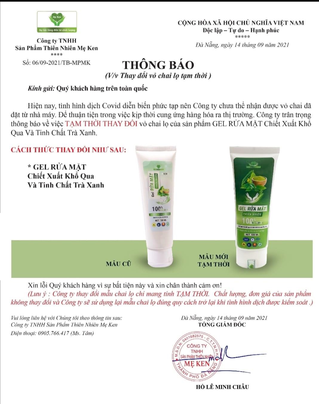 GEL RỬA MẶT THIÊN NHIÊN CHIẾT XUẤT KHỔ QUA VÀ TINH CHẤT TRÀ XANH MẸ KEN 100ml - Dành cho da hỗn hợp, da nhờn, da mụn