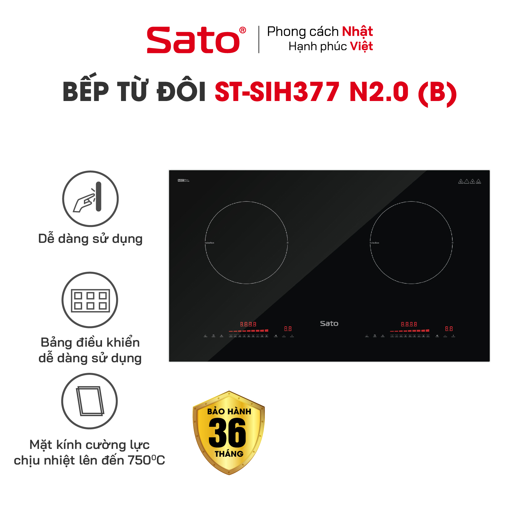 Bếp điện từ thông minh Sato SIH377 N2.0 (B) - Mâm điện từ dùng 100% dây đồng tạo hiệu suất tối đa, tiết kiệm điện năng (Tặng bộ 3 nồi Inox) - Miễn phí vận chuyển toàn quốc - Hàng chính hãng