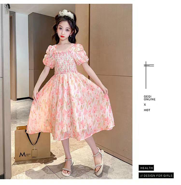 SHUANGYAN Cô gái váy mùa hè phong cách phương Tây 2023 Big Boy mùa hè váy chiffon mùa hè cô gái mảnh hoa mối tình đầu váy