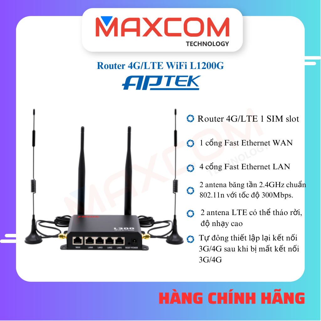 Router 4G/LTE APTEK L300 bán công nghiệp WiFi chuẩn N 300Mbps - Hàng chính hãng