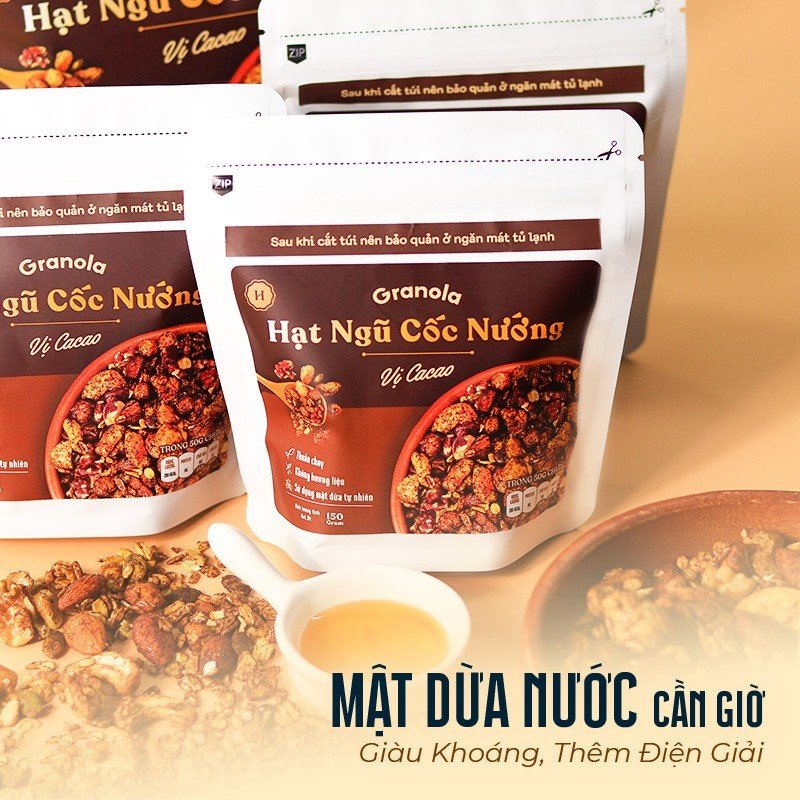 Granola nướng giòn tan - Vị Cacao túi 400g - Dùng mật dừa nước, 0 trái cây sấy, GI thấp - Hạt ngũ cốc giảm cân - HeydayCacao