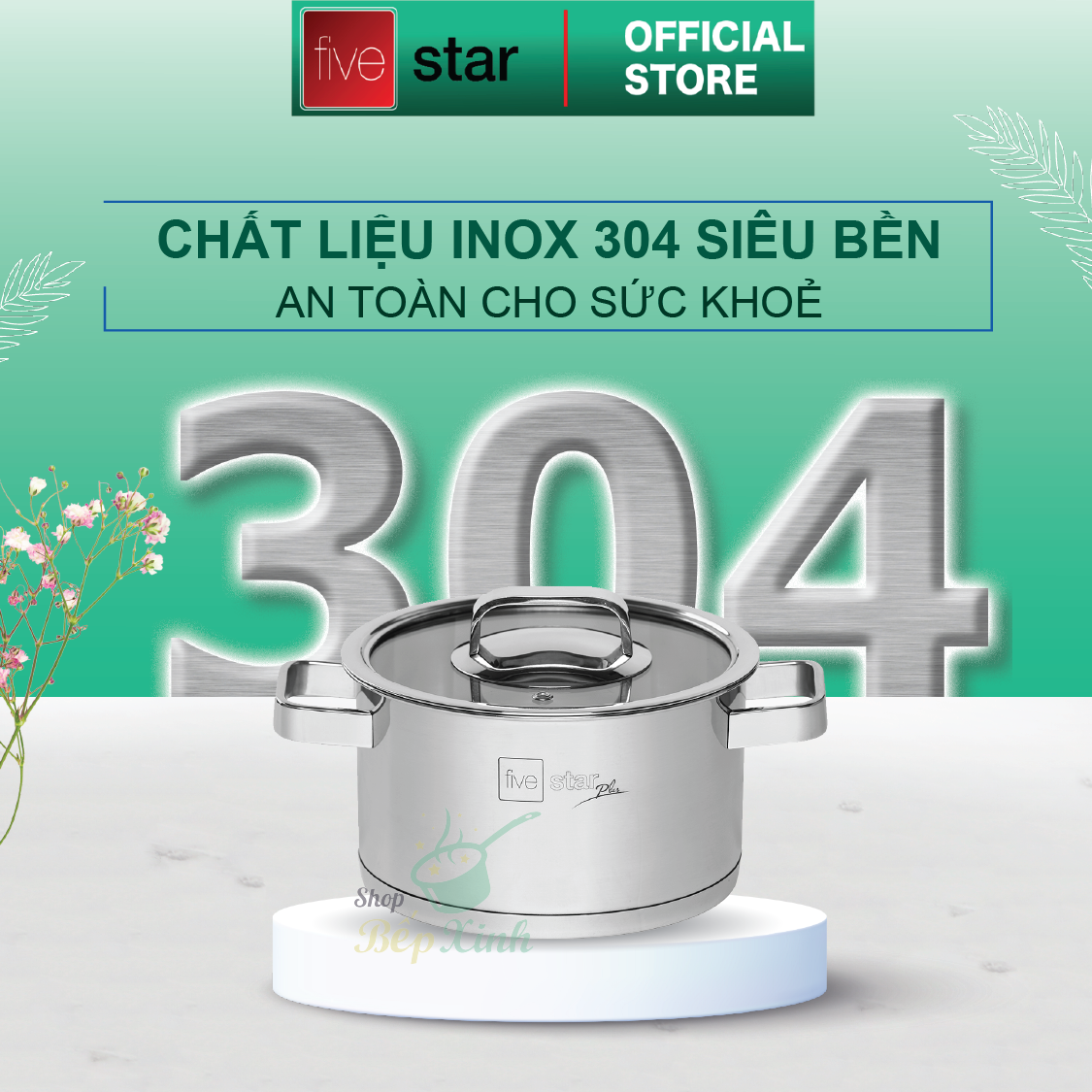 Bộ 4 nồi 3 đáy inox 304 FiveStar Plus quai vuông nắp kính-sử dụng bếp từ