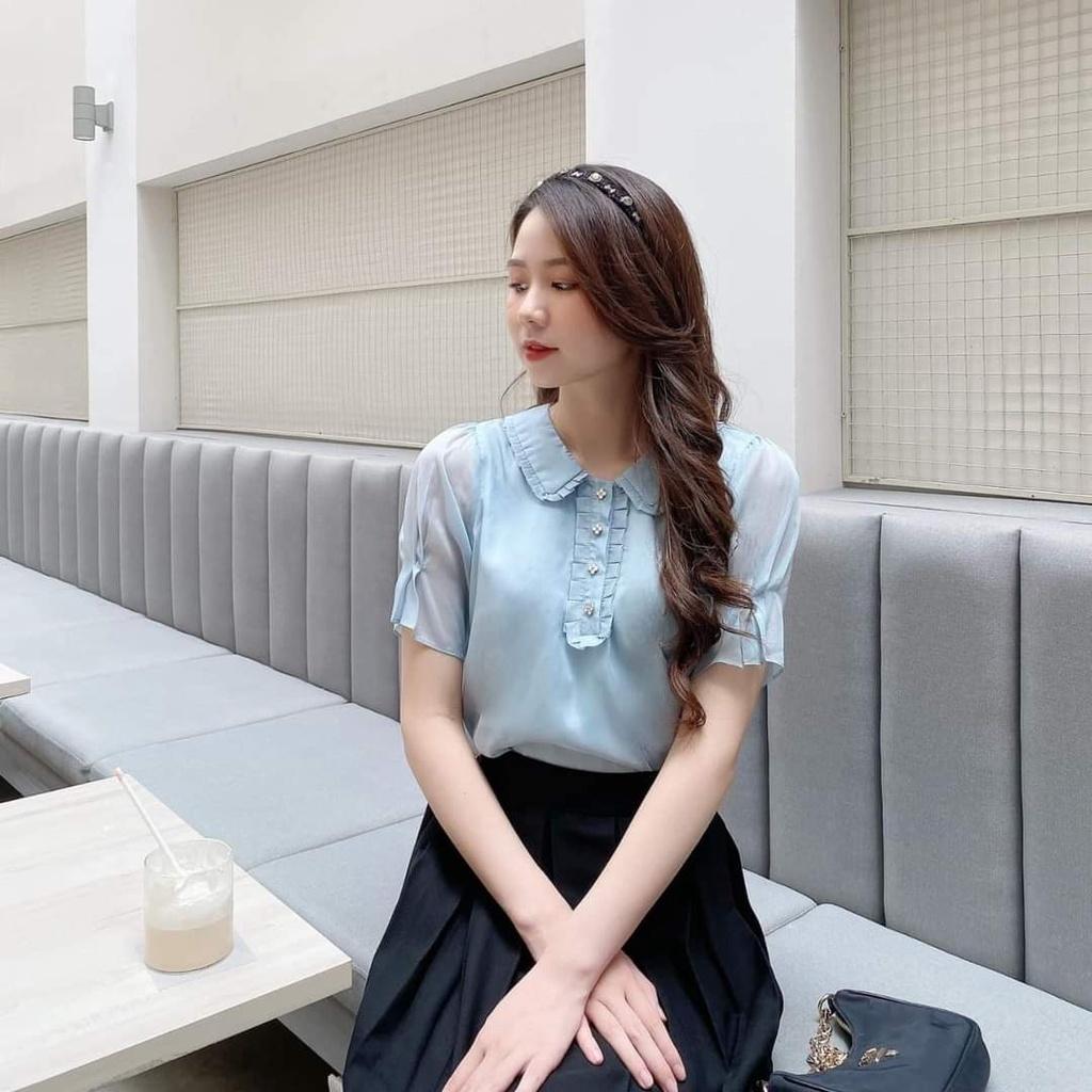 Áo sơ mi nữ công sở thời trang SURI vải tơ Ý màu xanh tiểu thư cổ cánh sen xếp ly tay ngắn-XANHCOBAN