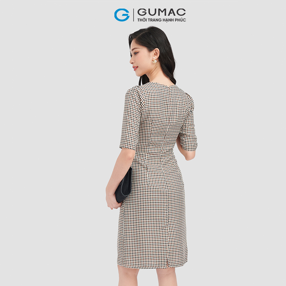Đầm nữ form A GUMAC LD0918 caro cổ bèo nữ tính