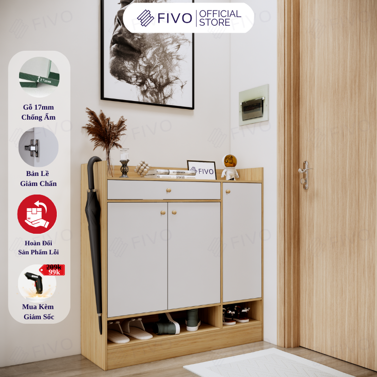 Tủ Kệ Giày Gỗ MDF Lõi Xanh Chống Ẩm Dày 17mm FIVO FS52 Có Hộc, Nhiều Ngăn Chứa Giày Dép, Chân Tủ Chắc Chắn, Mặt Tủ Rộng Rãi