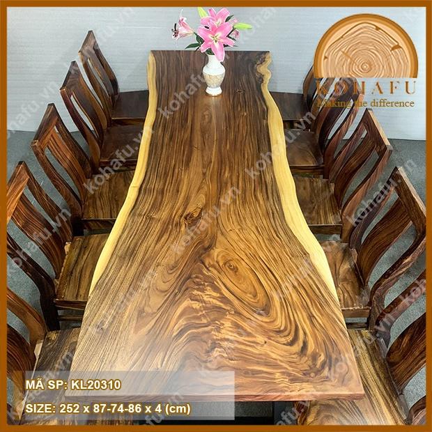 Mặt bàn gỗ me tây nguyên tấm, uốn lượn tự nhiên KL20310 - Dài 252 x Rộng (87-74-86) x Dày 4 (cm)