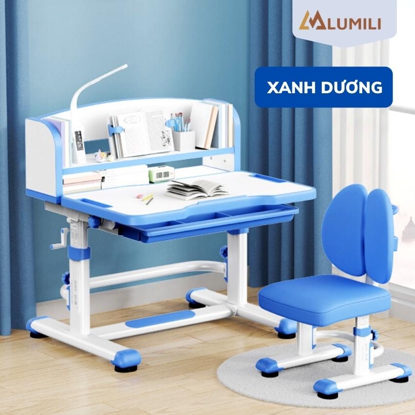 bàn ghế học sinh Lumili P9 cao cấp có giá sách chống gù chống cận, bàn học thông minh kèm kệ sách phù hợp cho học sinh