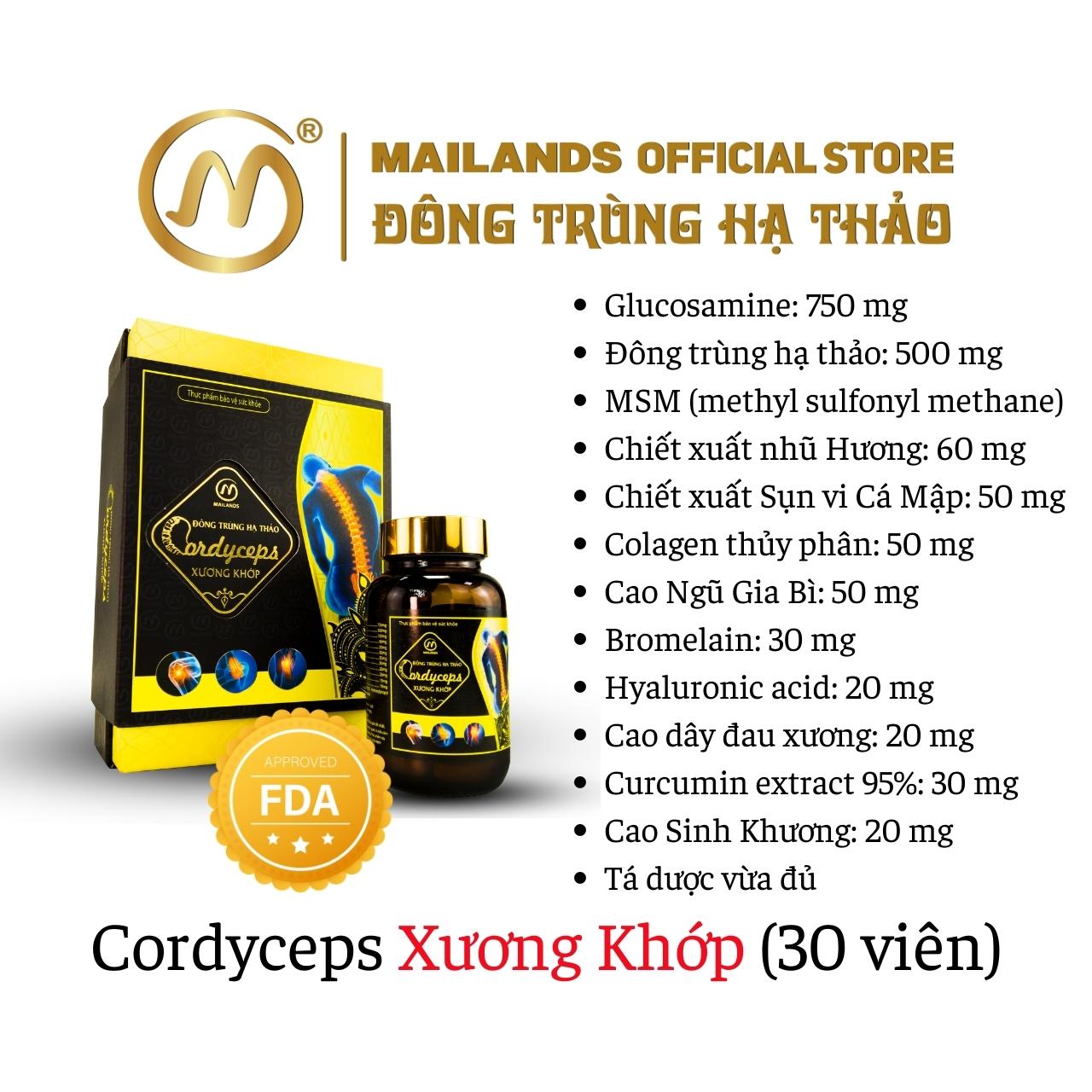 Viên nén đông trùng hạ thảo Cordyceps Xương Khớp, Hỗ trợ  đau khớp, khô khớp do viêm khớp, thoái hóa khớp, Hộp 30 - 60 viên
