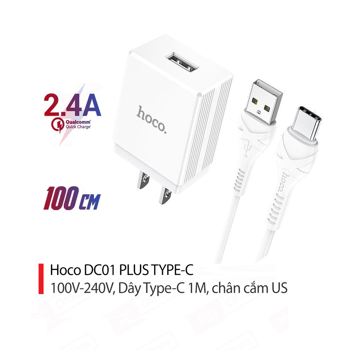 Bộ sạc 2.4A Hoco DC01 Plus chân cắm dẹt kèm dây sạc Type-C dài 1M cho Android - Hàng chính hãng